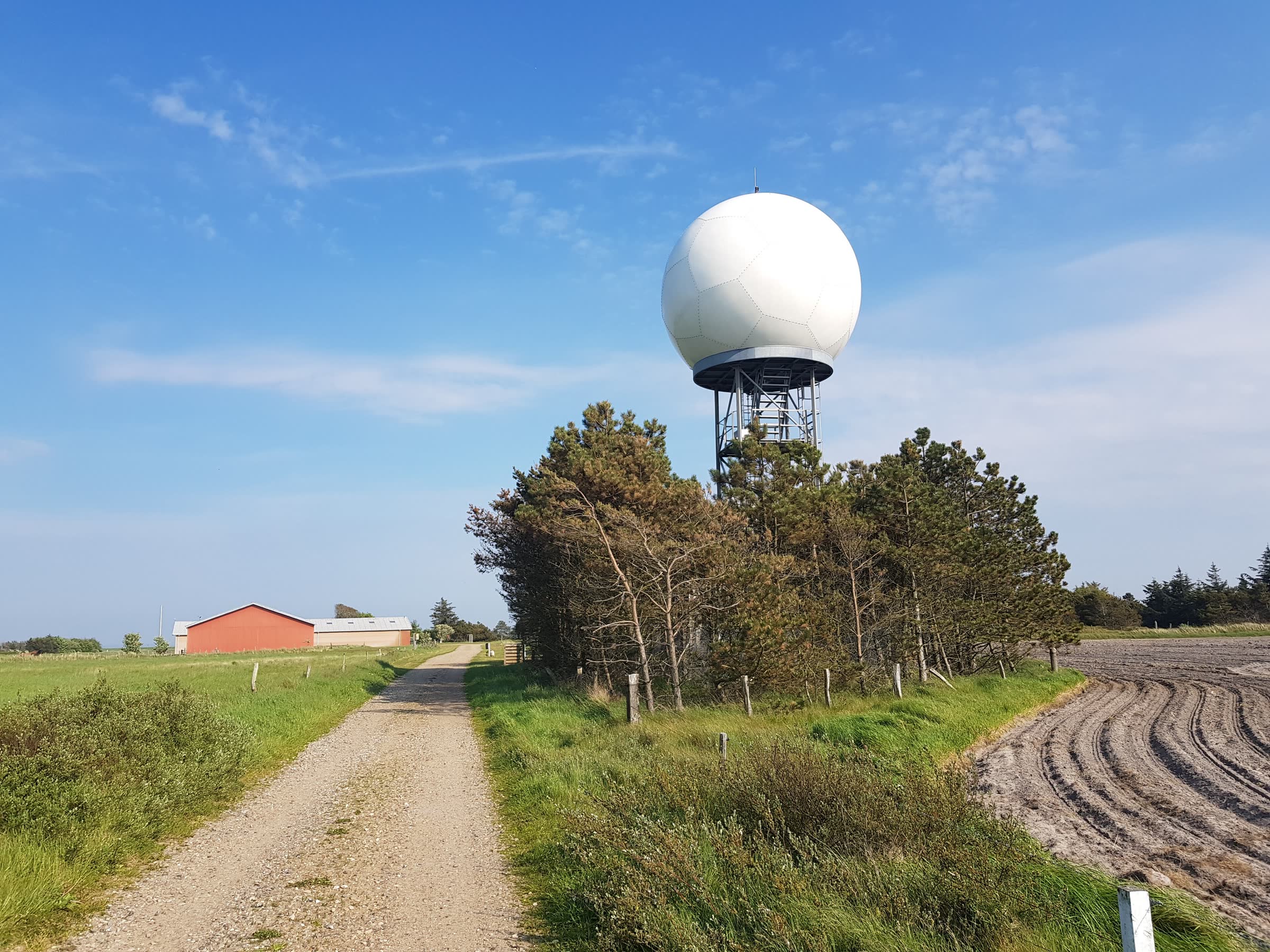 La cupola bianca di un radar meteorologico su una torre a traliccio, tra pini e campi, sotto un cielo azzurro